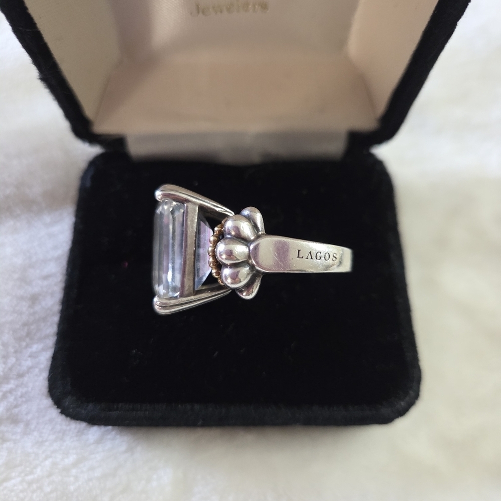 LAGOS Caviar Signature Ring Glacier Very Large Emerald Cut White Topaz Ring 18k - Picture 10 of 12